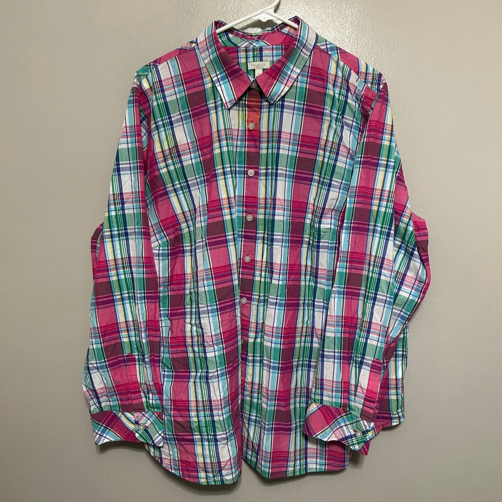 Talbots Button Down Shirt Blouse 3X Multi Plaid Cotton Long Sleeve Preppy Casual
